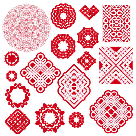 Red template symbols - chinese style. Ethnic ornament and eastern elements. Trendy print for design. Vector set.のイラスト素材