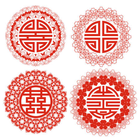 Feng Shui symbols - patterns in a circle. Red template - chinese style. Ethnic ornament and eastern elements. Trendy print for design. Vector set.のイラスト素材
