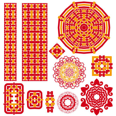 Red and gold template symbols - chinese style. Ethnic ornament and eastern elements. Trendy print for design. Vector set.のイラスト素材