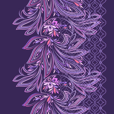 The phoenix - seamless dotted lace folk art colored border on a purple background. Vector bright pattern for design.のイラスト素材