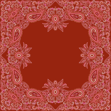 Bandana paisley design - red and white ornament. Traditional ethnic floral pattern. Vector print square.のイラスト素材