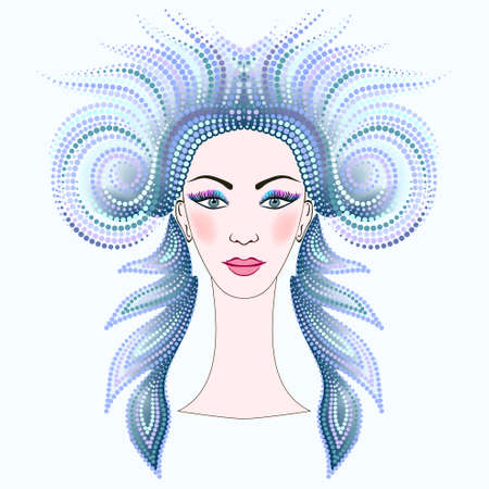 The snow queen. A woman in an ethnic headdress. Beautiful dot pattern for design. Vector clipart.のイラスト素材