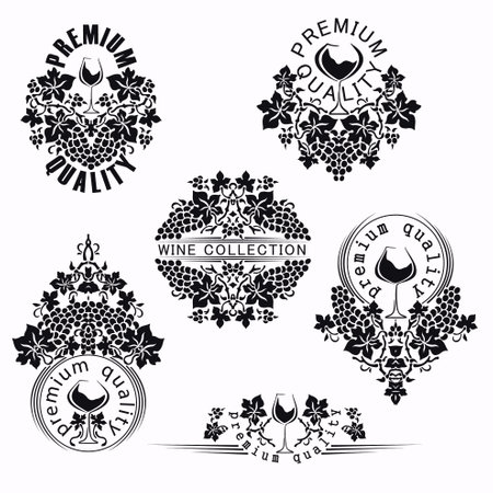 Collection of stencils with inscriptions for wine and winemaking. Black and white design template with grapes, vector clipart.のイラスト素材