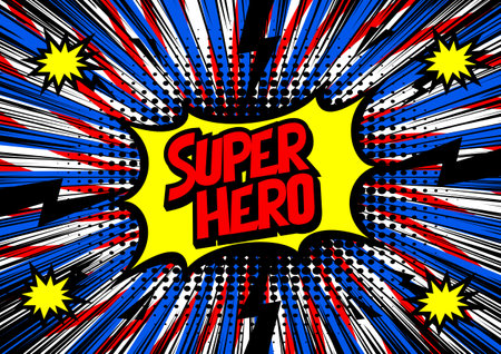 Super Hero, Speech bubble box. Comics book colored template background.のイラスト素材