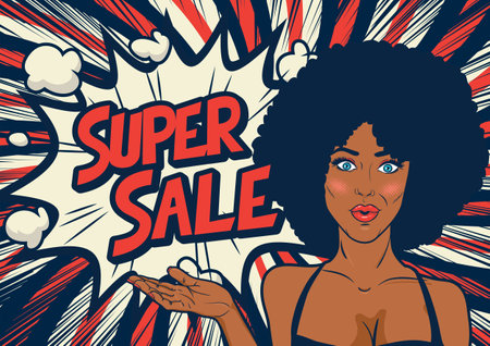 Pop art afro american woman with super sale text. Vector illustrationのイラスト素材