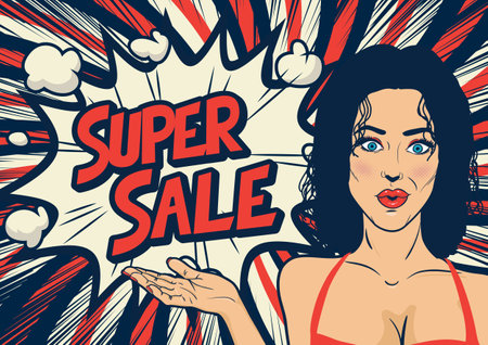 Pop art woman with super sale text. Vector illustration in retro comic styleのイラスト素材