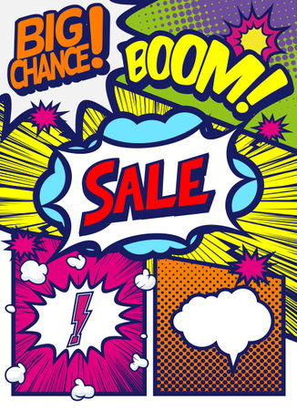 Comic book sale poster with speech bubbles. Vector illustration in pop art styleのイラスト素材