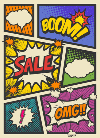 pop art comics book magazine, speech bubble, balloon, box message. For sale banner, empty speech bubble set, vector illustration halftone book designのイラスト素材