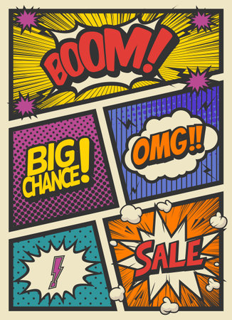 Abstract creative concept comic pop art style blank, layout template with clouds beams background. pop art comics book magazine, speech bubble, balloon, box messageのイラスト素材