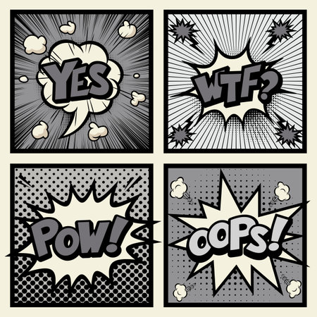 Black and white pop art comics book magazine, speech bubble, balloon, box message, Yes, WTF, Pow,  Oops.のイラスト素材