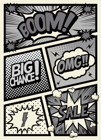 Black and white comic pop art style blank,  clouds beams and isolated dots background. For sale banner, empty speech bubble set, vector illustration halftone book designのイラスト素材