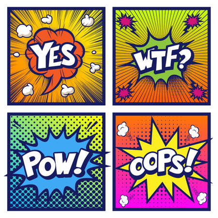 Pop art comics icon Yes! Comic speech bubble set. Vector illustration.
Pop art comics book magazine, speech bubble, balloon, box message, Yes, WTF, Pow,  Oops.のイラスト素材