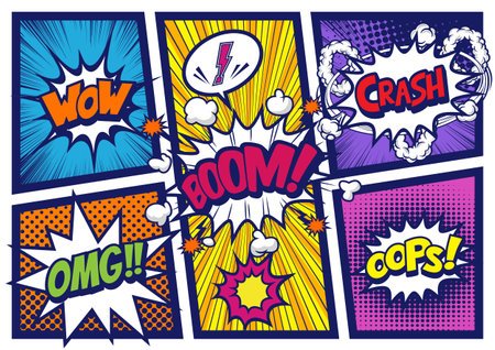 Comic book explosion set in pop art style. Vector illustration.のイラスト素材
