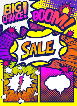 Pop art comics book magazine, speech bubble, balloon, box message. For sale banner, empty speech bubble set, vector illustration halftone book designのイラスト素材