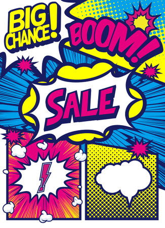 Pop art comics book magazine, speech bubble, balloon, box message. For sale banner, empty speech bubble set, vector illustration halftone book designのイラスト素材