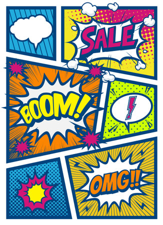 Pop art comics book magazine, speech bubble, balloon, box message. For sale banner, empty speech bubble set, vector illustration halftone book designgnのイラスト素材
