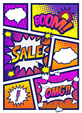 Pop art comics book magazine, speech bubble, balloon, box message. For sale banner, empty speech bubble set, vector illustration halftone book designのイラスト素材
