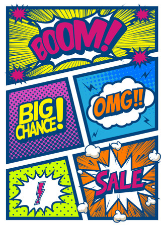 Pop art comics book magazine, speech bubble, balloon, box message. For sale banner, empty speech bubble set, vector illustration halftone book designのイラスト素材