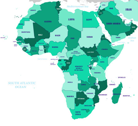 Map of Africa with country borders in green colors. Vector illustration.のイラスト素材