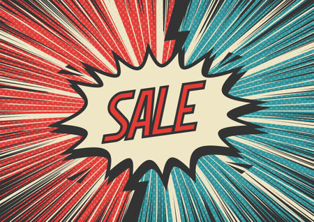 Sale - Comic book style word on abstract background. Vector illustration. SALE illustration halftone dot versus comic. Comics book template background. Retro pop art colorful backdrop.のイラスト素材