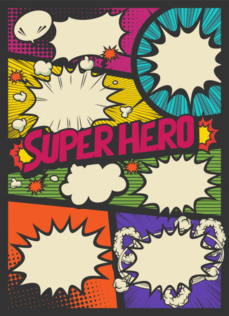 Superhero - Comic book style word on abstract background, vector illustration.
Retro pop art comics book magazine, speech bubble, balloon, box message , Super Hero.のイラスト素材