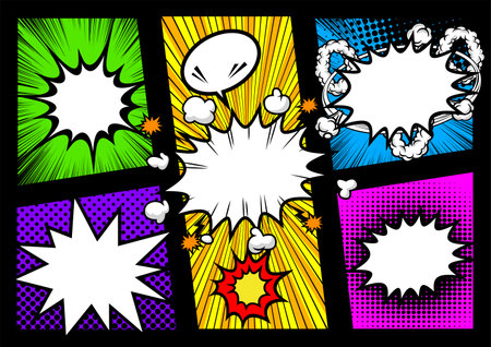 Comic book page with speech bubbles and halftone effects. Vector illustration.
Comic book page template with speech bubbles and rays. Vector illustration.のイラスト素材