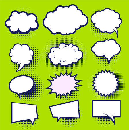 Set of comic speech bubbles with halftone effect. Vector illustration. Retro pop art comics book magazine, speech bubble, balloon, box message.のイラスト素材