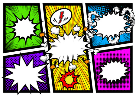 Comic book page template with empty speech bubbles and rays. Vector illustration.Retro pop art comics book magazine, speech bubble, balloon, box message.のイラスト素材