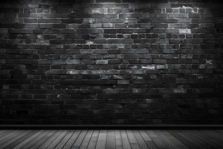 Black brick wall and wooden floor. 3d render. Vintage background.Generative AIの素材