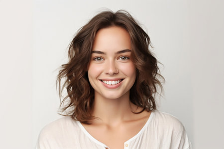 Portrait of beautiful young woman with long hair on white background.の素材