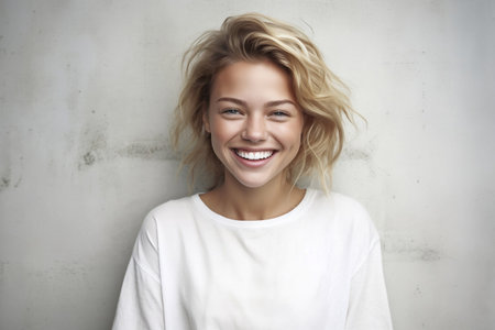 Portrait of beautiful young woman with blond hair smiling at camera.の素材