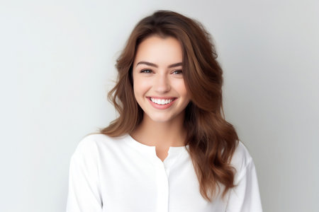 Portrait of a beautiful young woman smiling at the camera. White background.の素材