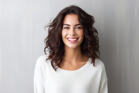 Portrait of beautiful smiling young woman with long wavy hair, over gray backgroundの素材