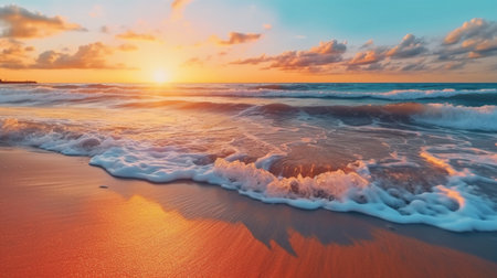 Beautiful sunrise over the sea. Panoramic view of the sandy beach.の素材