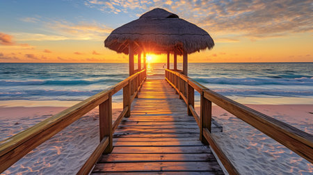 Wooden pier on the tropical beach at sunset in Cayo Largo, Cubaの素材