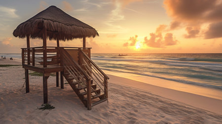 3d render of a wooden hut on the beach with a beautiful sunsetの素材