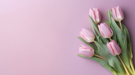 Pink tulips on a pink background. Flat lay, top view.の素材