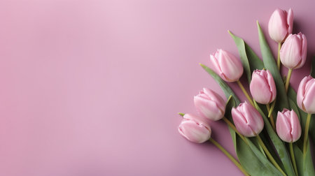 Bouquet of pink tulips on a pink background with copy spaceの素材
