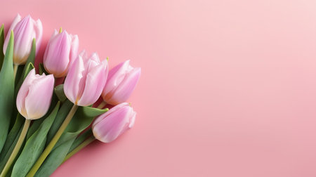 Bouquet of pink tulips on a pink background with copy spaceの素材