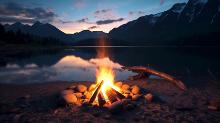 Bonfire on the shore of a mountain lake at sunset. 3d renderingの素材