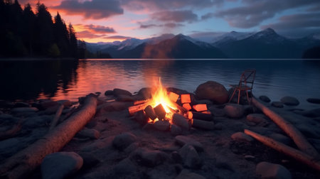 Camping on the shore of a mountain lake at sunset with a fire in the foregroundの素材