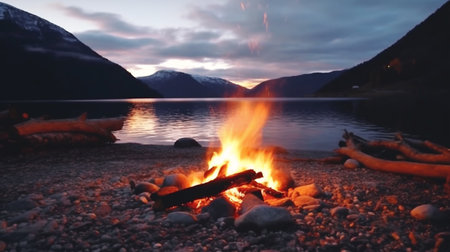Camping fire on the shore of the fjord in Norwayの素材