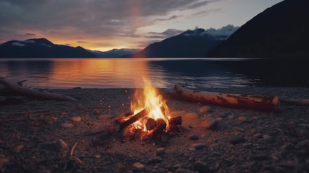 Bonfire on the shore of a mountain lake at sunset. Camping on the shore of a mountain lake.の素材