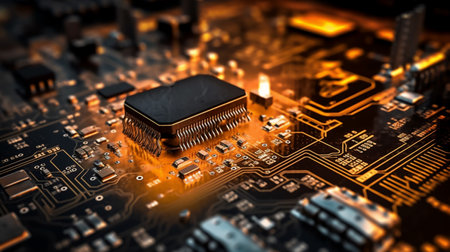 Electronic circuit board with microcircuits close-up. Technology backgroundの素材