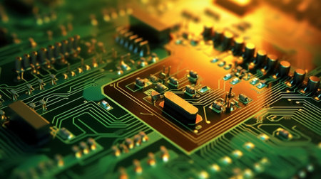 Close-up of electronic circuit board. Technology background. 3d renderingの素材