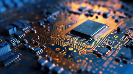 Circuit board close-up. Electronic computer hardware technology. Motherboard digital chip. Tech science backgroundの素材