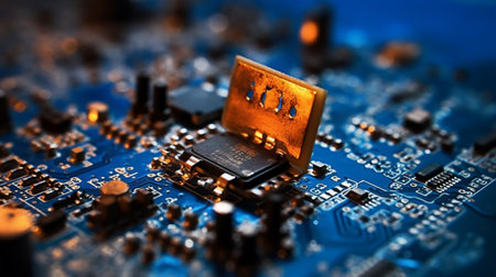 Close-up of electronic circuit board with microchips. Technology background.の素材