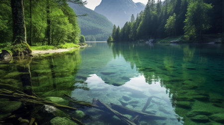 Mountain lake with clear water and forest in the background, Switzerlandの素材