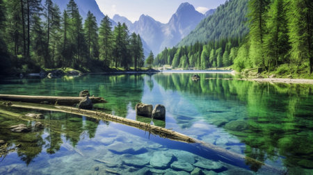 Beautiful lake jasna in kranjska gora with visible reflections of Razor and Skrlatica.の素材