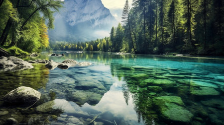 Beautiful mountain lake with crystal clear water in the autumn forest.の素材